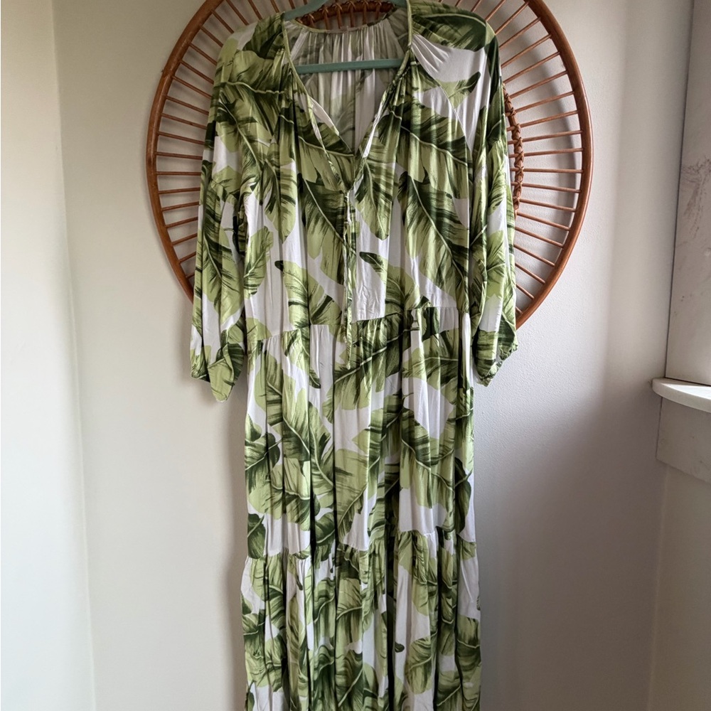 H&M Lookalike green and white botanical palm print balloon sleeve maxi dress